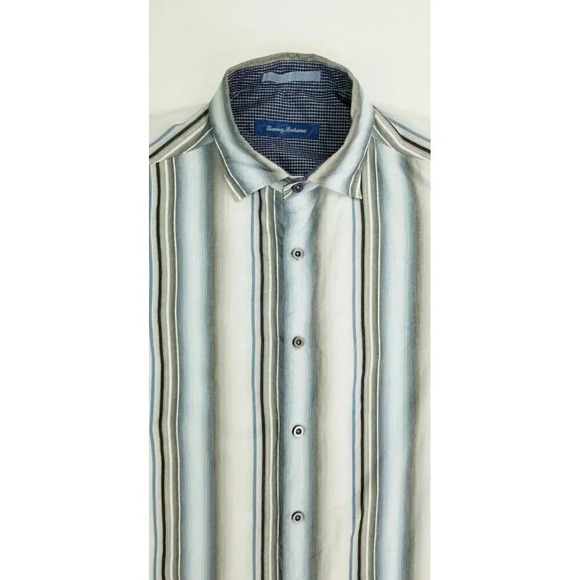 Tommy Bahama Size Small Men's Cotton Silk Blend Hem Logo Tag Stripe Long Sleeve - Picture 11 of 11